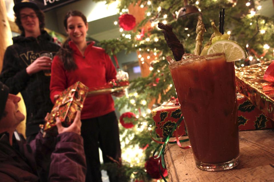 This undated image provided by Moonlight Basin Resort in Big Sky, Mont., shows a bloody mary served at the resort that’s made with vodka from Montana’s Vigilante distillery, topped off with a bit of locally sourced elk jerky. The cocktail is one of a number of specialty drinks offered for the apres ski crowd at resorts and hotels around the West. (AP Photo/Moonlight Basin Resort)