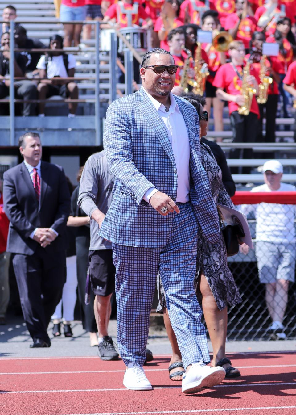 Brockton High's new head football coach, Jermaine Wiggins, introduced at Marciano Stadium on Friday, April 14, 2023.