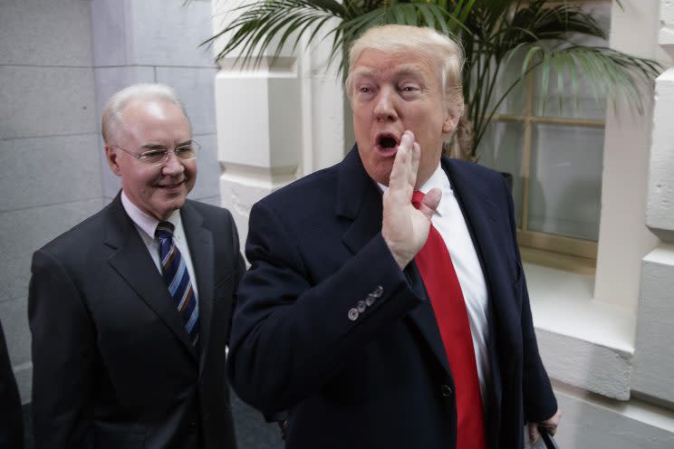 President Trump and Health and Human Services Secretary Tom Price arrive on Capitol Hill to rally support for the Republican health care overhaul. (AP Photo/J. Scott Applewhite)