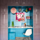 <p>Color also has the power to highlight spots of untapped potential in your home. Take this study nook-it was built into an existing closet by removing the door and inserting a desktop. The strategic use of aqua and plum paint is what truly turns this dark corner into an eye-catching focal point. To brighten up areas like this that don't get much sun, Sue Wadden, director of color marketing at Sherwin-Williams, recommends opting for a semigloss or satin finish to bounce the light around.</p>