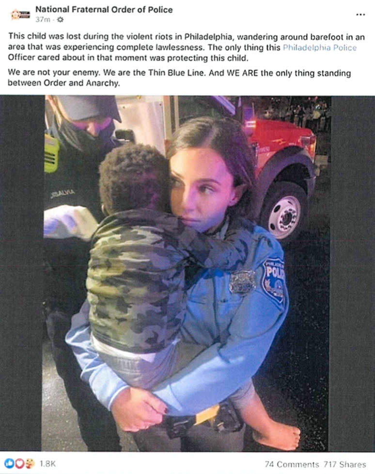 The National Fraternal Order of Police made a misleading claim on Facebook last year about a child being lost protests in Philadelphia. (via Facebook)