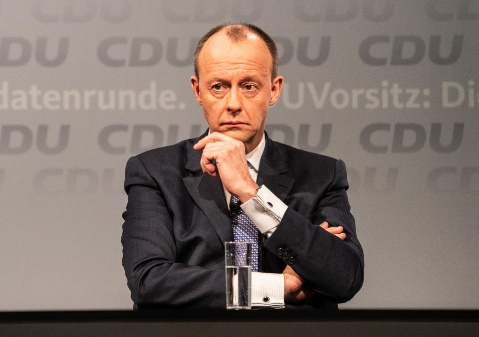 BERLIN, GERMANY - JANUARY 08: Friedrich Merz, candidate for the presidency of Germany's Christian Democratic Union attends discussion with other candidates in CDU headquarter on December 8th, 2021 in Berlin, Germany. Leading members of the German Christian Democrats (CDU) Friedrich Merz, Armin Laschet and Norbert Roettgen, who are vying for the leadership of the party, debated with one another during their second round of live-streamed debates at CDU headquarters. The party is scheduled to elect a new leader later this month. (Photo by Filip Singer - Pool/Getty Images)