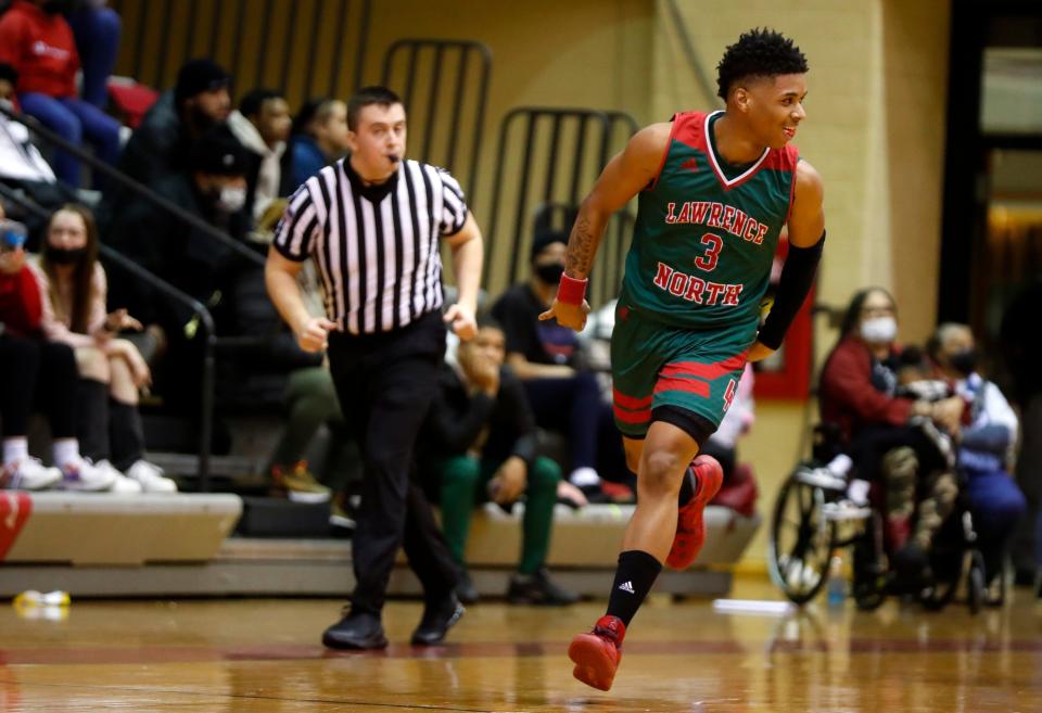 Lawrence North forward MaCoyion Brown (3) celebrates after scoring during the IHSAA boys basketball game against North Central, Friday, Jan. 21, 2022, at North Central School in Indianapolis.