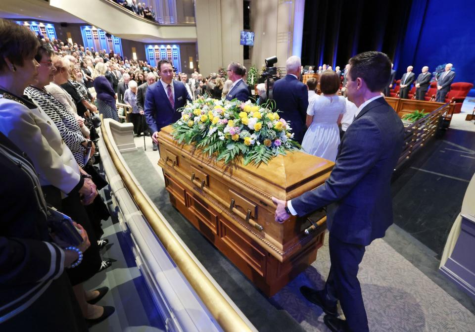 Sister Patricia T. Holland’s casket is taken from her funeral service at the Conference Center Theater in Salt Lake City on Friday, July 28, 2023. | Jeffrey D. Allred, Deseret News