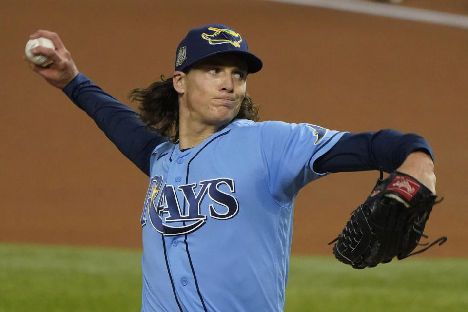 Tampa Bay Rays starting pitcher Tyler Glasnow throws against the Los Angeles Dodgers during the first inning in Game 5 of the baseball World Series Sunday, Oct. 25, 2020, in Arlington, Texas. (AP Photo/Tony Gutierrez)