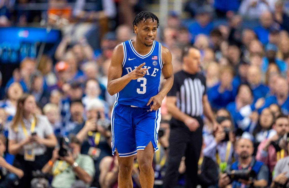 Duke’s Jeremy Roach (3) reacts after sinking a three point basket in the second half against Virginia in the championship game of the ACC Tournament on Saturday, March 11, 2023 at the Greensboro Coliseum in Greensboro, N.C. Roach lead all scores with 23 points in the Blue Devils’ 59-49 victory