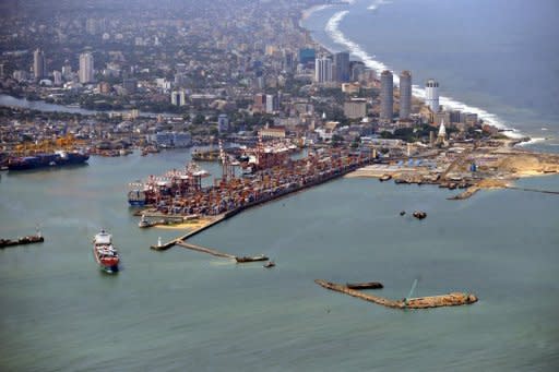 Photo illustration shows the port of Colombo. An oil slick from a rusting cargo vessel that sank in bad weather reached the coast of Sri Lanka's capital Saturday, but officials insisted the spill was "manageable" and could easily be cleaned up