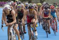 Canada's Kyle Jones competes in the men's triathlon at the 2012 London Olympics, August 7, 2012. Jones placed 25th. THE CANADIAN PRESS/HO, COC - Jason Ransom