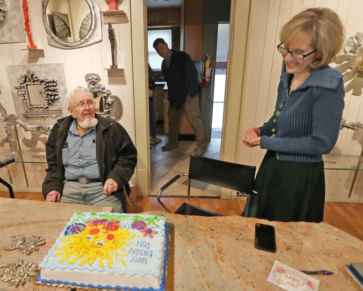 Artist Don Drumm and his daughter, artist Leandra Drumm, talk about his upcoming 89th birthday with an early birthday cake at Don Drumm Studios & Gallery.