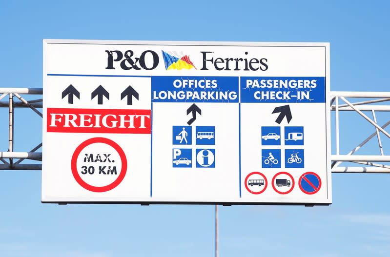 A road sign is seen in the port of Zeebrugge