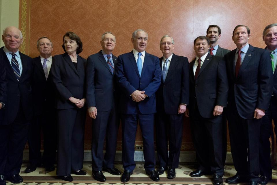 PHOTO: Israeli Prime Minister Benjamin Netanyahu (C) poses for photographs with senators at the U.S. Capitol Nov. 10, 2015 in Washington, DC.  (Chip Somodevilla/Getty Images, FILE)