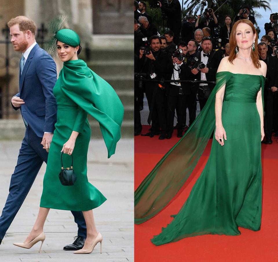 <p>There were so many things we loved about Meghan's style during the Commonwealth Day celebrations in March 2020, but we were particularly drawn to her emerald <a href="https://www.harpersbazaar.com/celebrity/latest/a31250735/meghan-markle-green-dress-commonwealth-day-2020/" rel="nofollow noopener" target="_blank" data-ylk="slk:Emilia Wickstead cape dress;elm:context_link;itc:0;sec:content-canvas" class="link ">Emilia Wickstead cape dress</a>, which was strikingly similar to the Dior gown Julianne Moore wore to the Cannes Film Festival in 2019. </p>