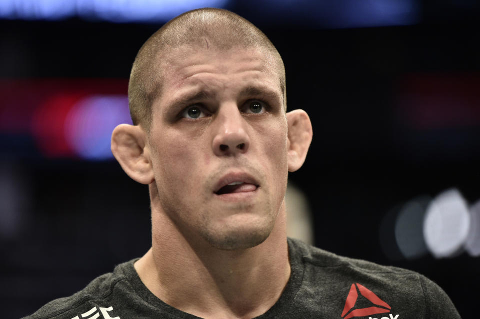 Joe Lauzon reacts after his TKO victory over Jonathan Pearce in their lightweight bout during the UFC Fight Night event at TD Garden on October 18, 2019 in Boston, Massachusetts. (Photo by Chris Unger/Zuffa LLC via Getty Images)