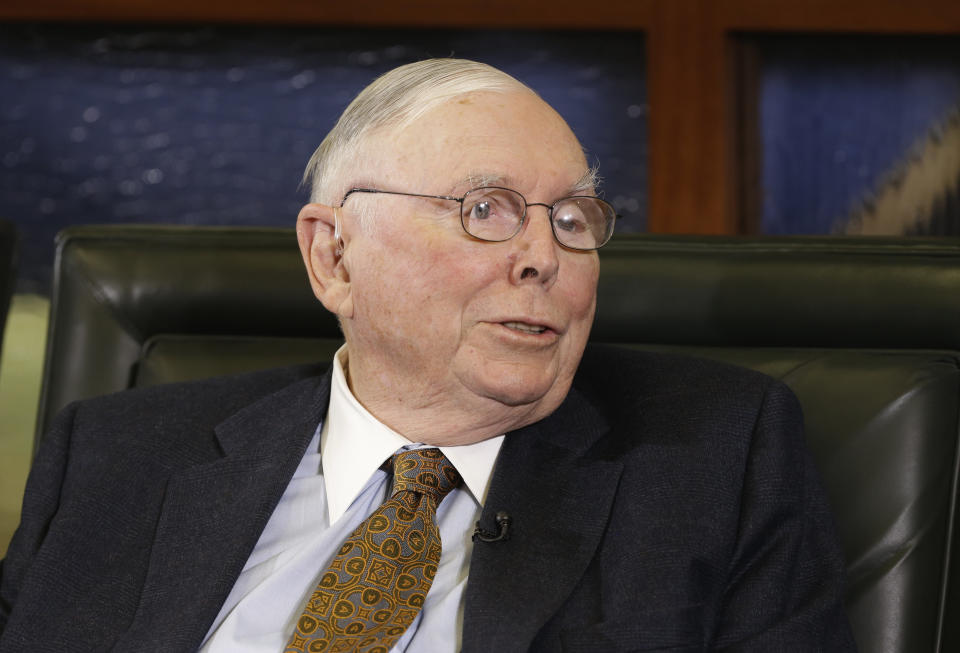 Berkshire Hathaway Vice-Chairman Charlie Munger speaks during an interview with Liz Claman on the Fox Business Network in Omaha, Neb., Monday, May 5, 2014. The annual Berkshire Hathaway shareholders meeting concluded over the weekend. (AP Photo/Nati Harnik)