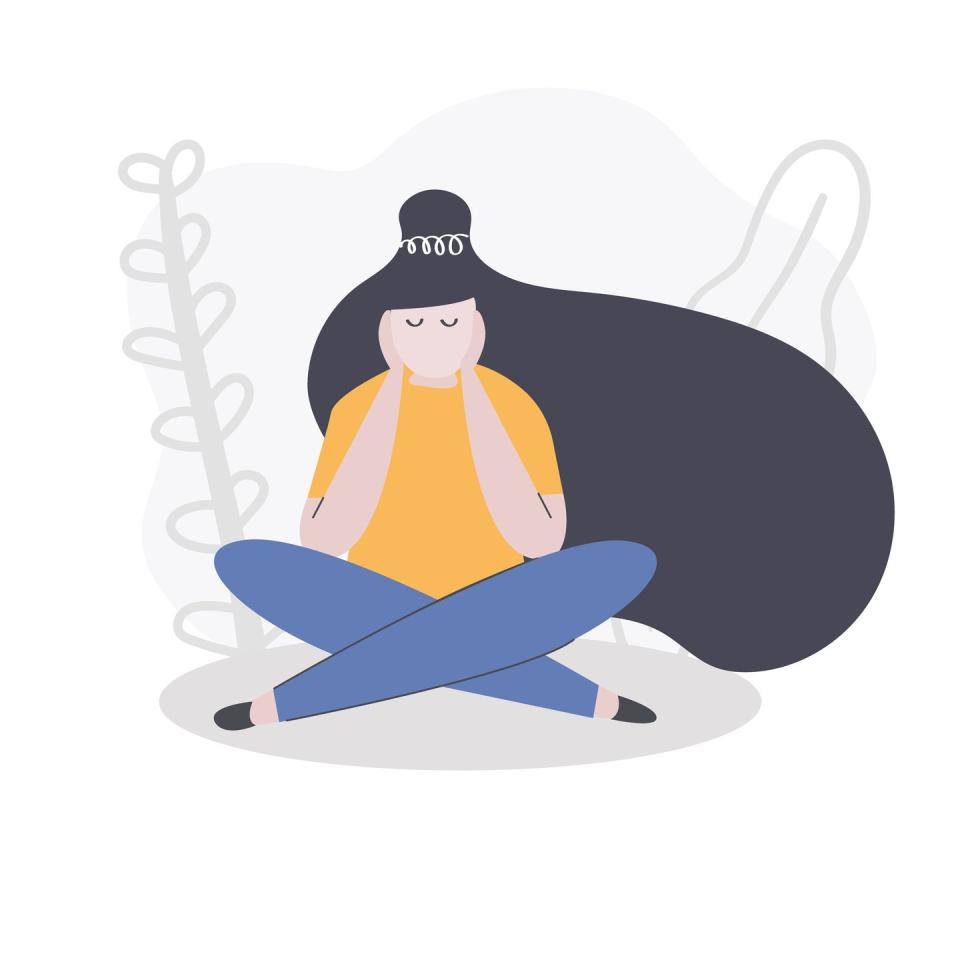 tired and bored woman sits and holds her head in her hands experience apathy and depression,boredom, poor health exhausted concept flat illustration