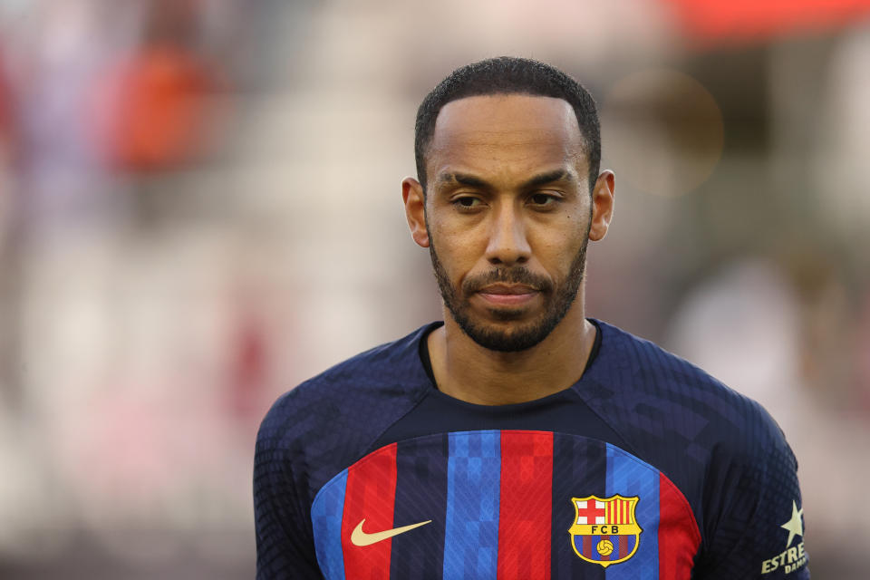 FORT LAUDERDALE, FL - JULY 19: Pierre-Emerick Aubameyang of FC Barcelona during the pre season friendly between Inter Miami CF and FC Barcelona at DRV PNK Stadium on July 19, 2022 in Fort Lauderdale, Florida. (Photo by James Williamson - AMA/Getty Images)