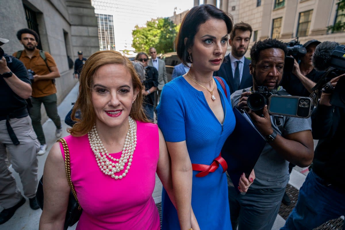 Elizabeth Stein, left, and Sarah Ransome, alleged victims of Jeffrey Epstein and Ghislaine Maxwell, outside federal court in New York in 2022 (Copyright 2022 The Associated Press. All rights reserved.)