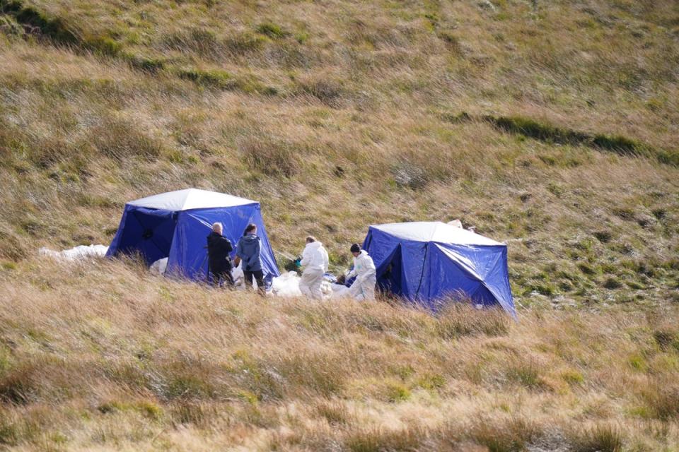 Officers from Greater Manchester Police continue a search on Saddleworth Moor, in north west England (PA)