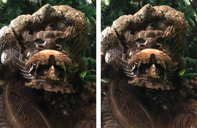 It’s not great that the iPhone 8 Plus does a digital switcheroo on you without telling you, but at least the cropped results (left) aren’t too far removed from one I did myself in Photoshop (right).