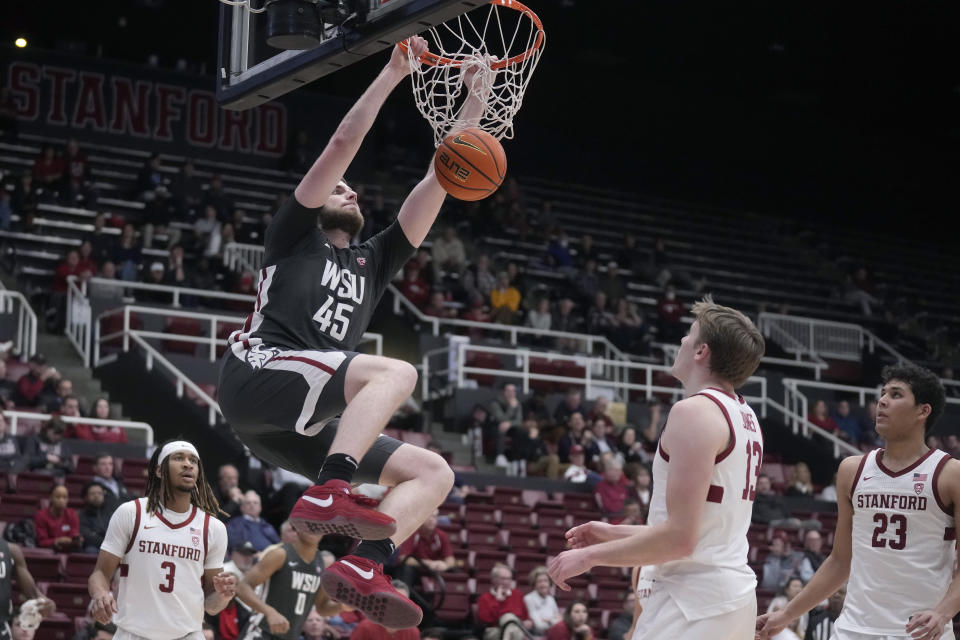 Washington State forward Oscar Cluff (45) dunks against Stanford during the second half of an NCAA college basketball game in Stanford, Calif., Thursday, Jan. 18, 2024. (AP Photo/Jeff Chiu)