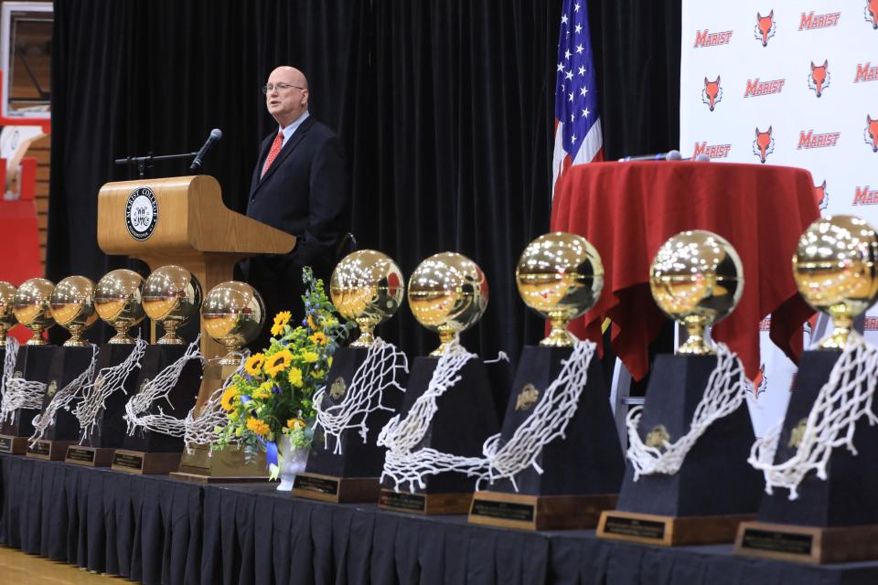 Marist College women's basketball head coach Brian Giorgis speaks during Wednesday's press conference announcing his retirement on March 2, 2022.