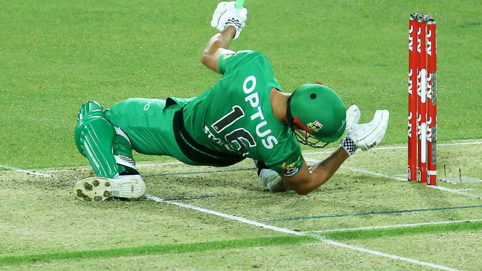 Marcus Stoinis, pictured here after he was struck on the helmet by a delivery from Riley Meredith.