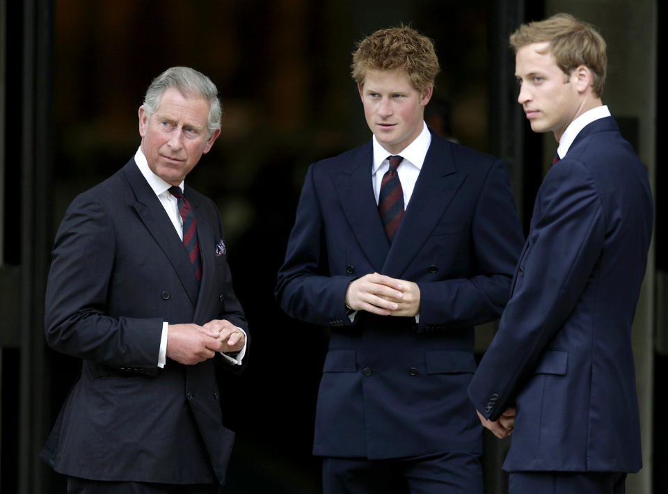 FILE - In this file photo dated Aug. 31, 2007, Britain's Prince Charles, left, Prince Harry, center, and Prince William, right, arrive for the Memorial Service for Diana, Princess of Wales at the Guards' Chapel in central London. Prince Charles is readying the paperwork to claim his pension when he turns 65 on Thursday, Nov. 14, 2013, but he still hasn't started the job he was born to do. (AP Photo/Leon Neal, Pool, File)