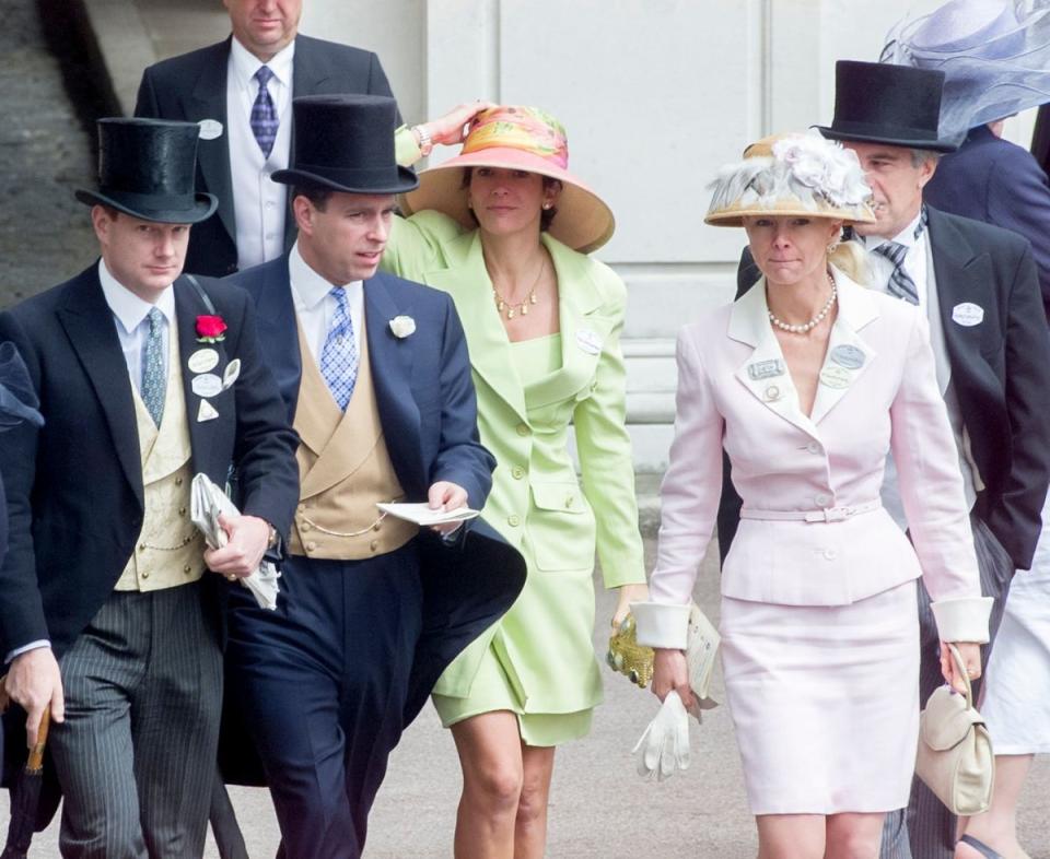 Prince Andrew with Maxwell and Epstein (rear right, with black/grey stiped tie) and Caroline Stanley (in pink) (Shutterstock)