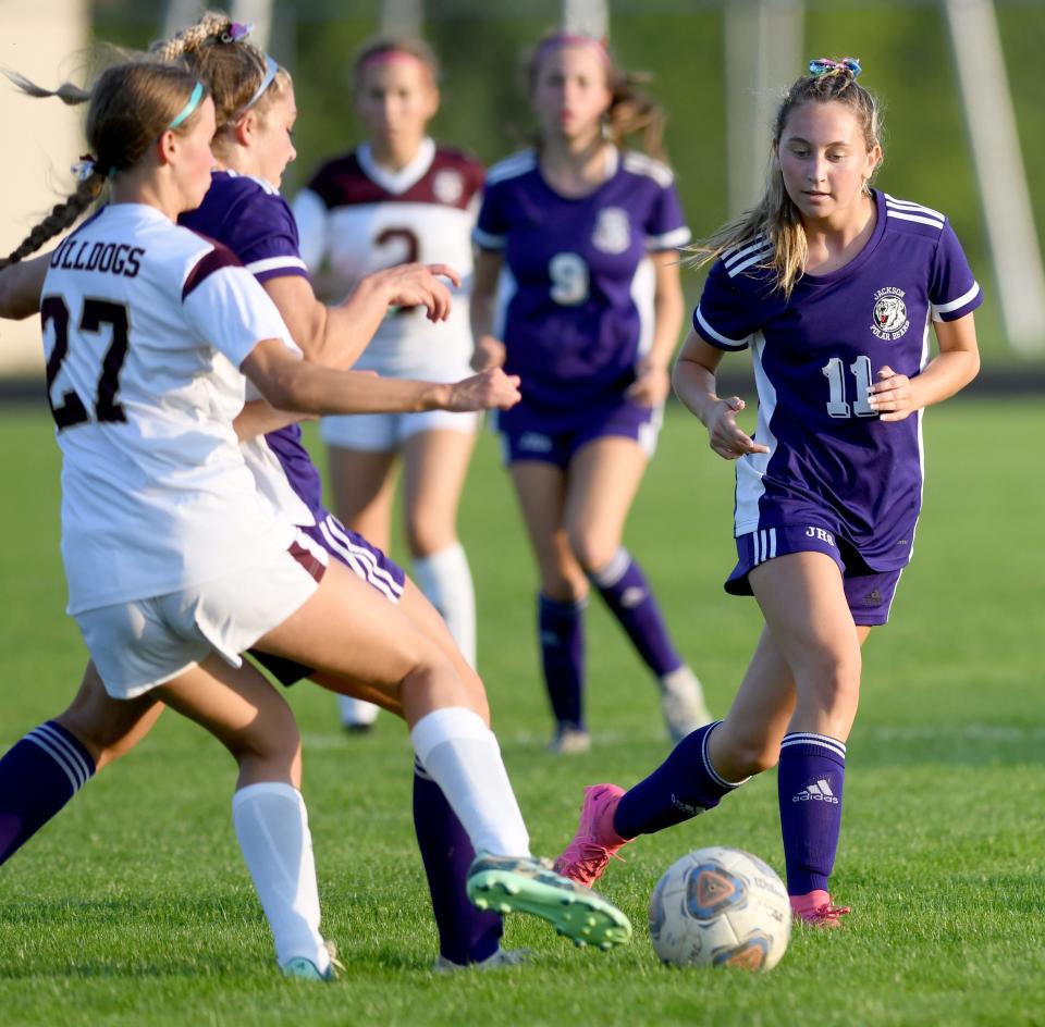 Jackson's Emerson Karageorge looks for a move during action against Stow girls soccer at Jackson. Thursday, Aug. 24, 2023.