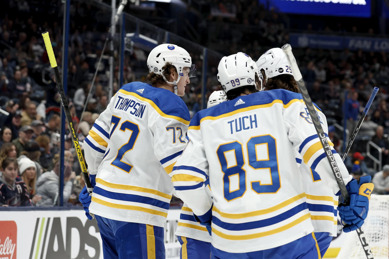 COLUMBUS, OH - DECEMBER 07:  Tage Thompson #72 of the Buffalo Sabres is congratulated by his teammates after scoring a goal during the first period of the game agains the Columbus Blue Jackets at Nationwide Arena on December 7, 2022 in Columbus, Ohio. (Photo by Kirk Irwin/Getty Images)