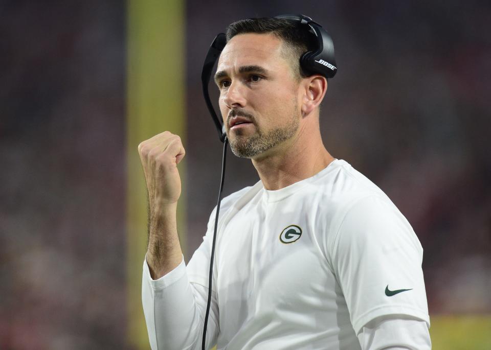 Green Bay Packers head coach Matt LaFleur reacts during the first half of Thursday's game against the Arizona Cardinals at State Farm Stadium.