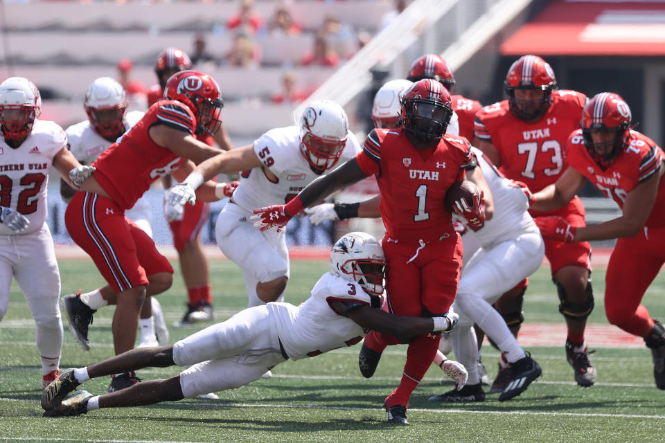 Sep 10, 2022; Salt Lake City, Utah, USA; Southern Utah Thunderbirds safety Rodrick Ward (3) tackles Utah Utes running back Jaylon Glover (1) in the third quarter at Rice-Eccles Stadium. Mandatory Credit: Rob Gray-USA TODAY Sports