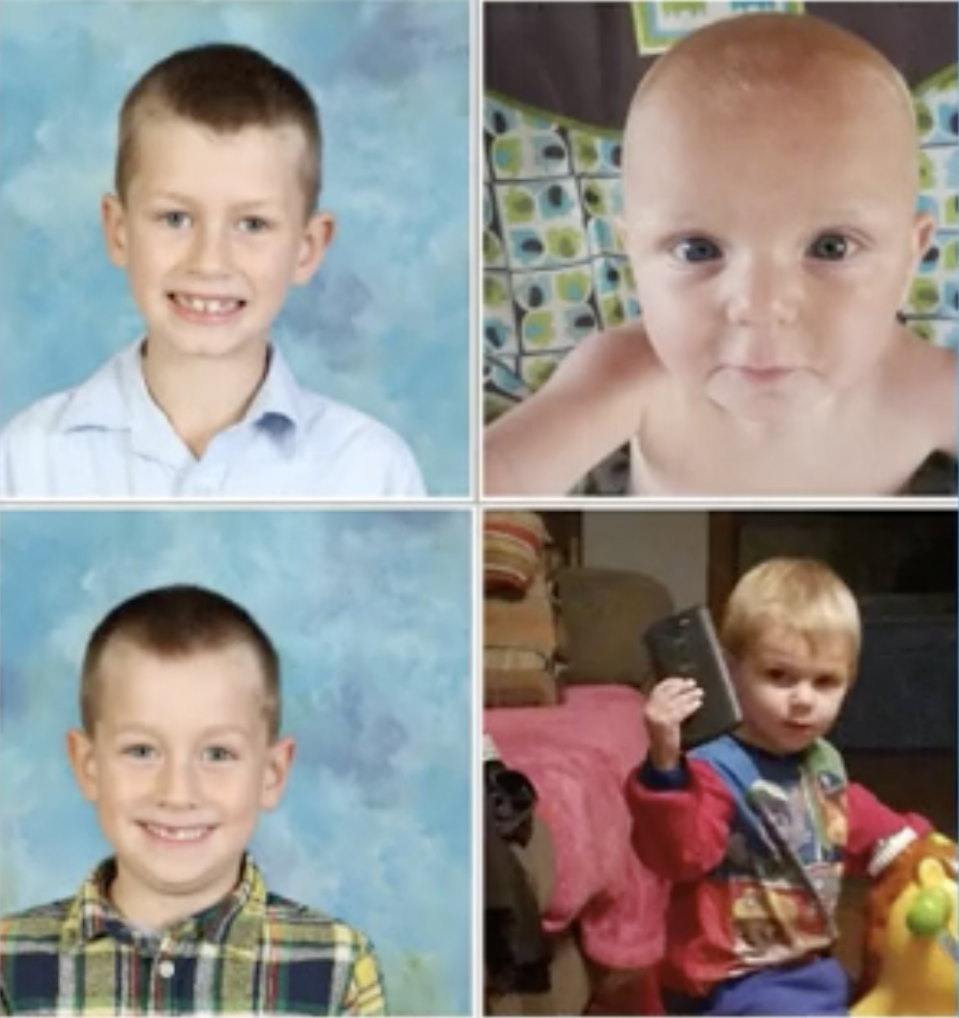 Shaun Dawson Bumgarner, 7, Riley James Bumgarner, 6,  Aarikyle Nova Myers, 3, and Haiken Jirachi Myers, 1, are all pictured.