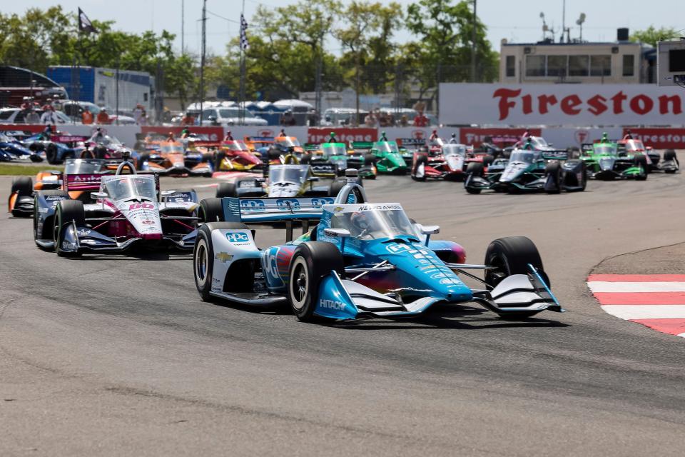 Pole sitter Team Penske driver Josef Newgarden #2 of United States leads the pack into turn 2 after the start of the IndyCar Firestone Grand Prix of St. Petersburg auto race, Sunday March 10, 2024, in St. Petersburg, Fla. (AP Photo/Mike Carlson)