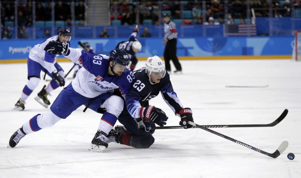 FILE - Martin Bakos (83), of Slovakia, and Troy Terry (23), of the United States, battle for the puck during the second period of the preliminary round of the men's hockey game at the 2018 Winter Olympics in Gangneung, South Korea, Friday, Feb. 16, 2018. USA Hockey and Hockey Canada are eyeing several college players to play at the Olympics after the NHL decided not to participate in Beijing. Anaheim’s Troy Terry, Minnesota’s Jordan Greenway and Seattle’s Ryan Donato played for the U.S. in Pyeongchang. They are major proponents of college players taking the chance, even if it means missing part of the NCAA season. (AP Photo/Julio Cortez, File)