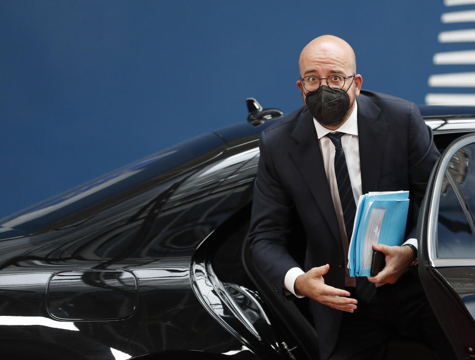 European Council President Charles Michel arrives for an EU summit at the European Council building in Brussels, Thursday, June 24, 2021. At their summit in Brussels, EU leaders are set to take stock of coronavirus recovery plans, study ways to improve relations with Russia and Turkey, and insist on the need to develop migration partners with the countries of northern Africa, but a heated exchange over a new LGBT bill in Hungary is also likely. (Johanna Geron/Pool Photo via AP)