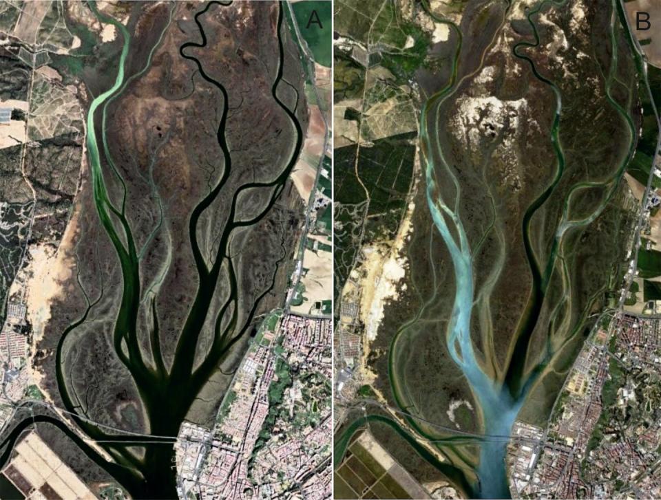 Izquierda: pluma de aguas turquesas con caudal fluvial bajo (febrero 2020). Derecha: pluma de aguas turquesas con caudal fluvial alto (diciembre 2015). Google Earth.