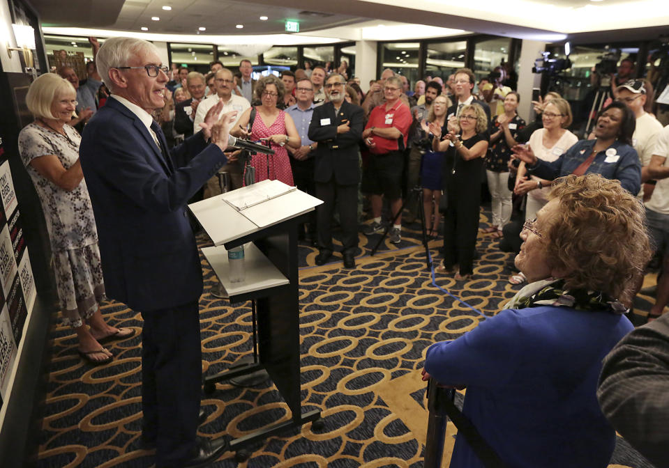 Tony Evers speaks after his win in Wisconsin's Democratic gubernatorial primary election during an event at Best Western Premier Park Hotel in Madison, Wis., Tuesday, Aug. 14, 2018. (Amber Arnold/Wisconsin State Journal via AP)