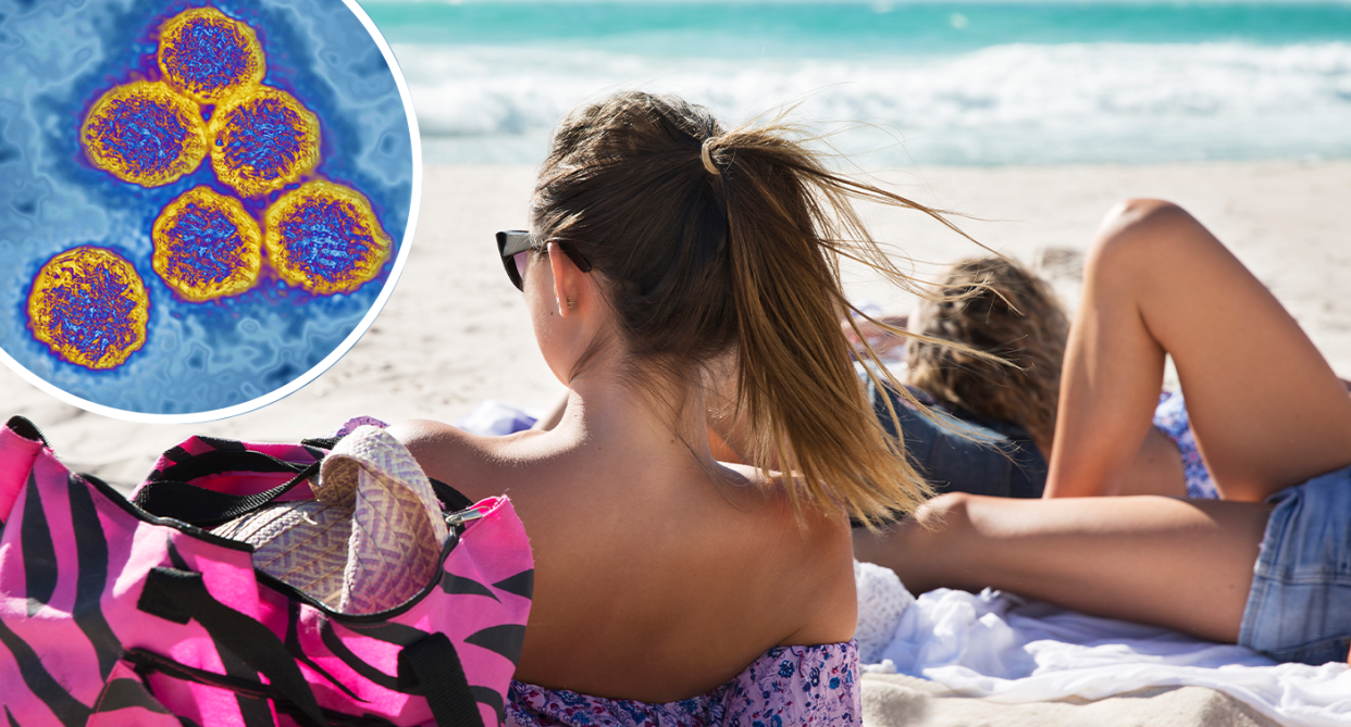 Women lying on the beach. (inset) a virus under a microscope.