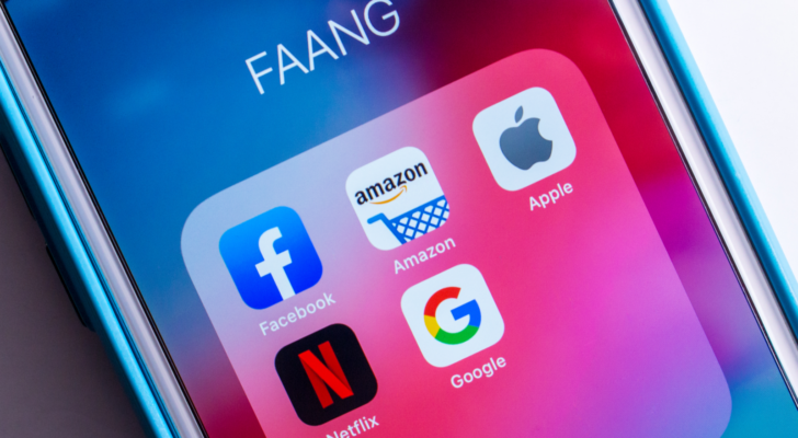 A cellphone displays the apps for the FAANG companies -- Facebook (FB), Amazon (AMZN), Apple (AAPL), Netflix (NFLX) and Alphabet (GOOGL)