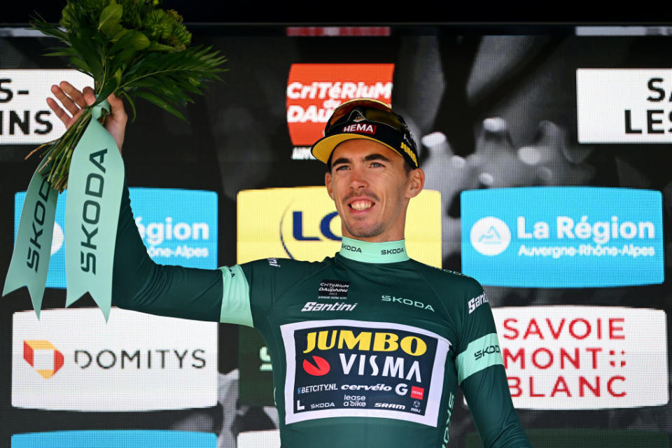 SALINSLESBAINS  JUNE 08 Christophe Laporte of France and Team JumboVisma celebrates at podium as Green points jersey winner during the 75th Criterium du Dauphine 2023 Stage 5 a 1911km stage from CormoranchesurSane to SalinslesBains  UCIWT  on June 08 2023 in SalinslesBains France Photo by Dario BelingheriGetty Images