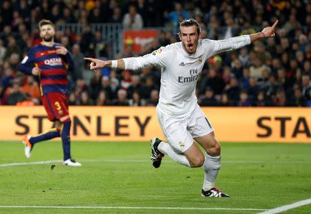 Football Soccer - FC Barcelona v Real Madrid - La Liga - Camp Nou, Barcelona - 2/4/16 Real Madrid's Gareth Bale celebrates scoring a goal that was later disallowed Reuters / Juan Medina Livepic