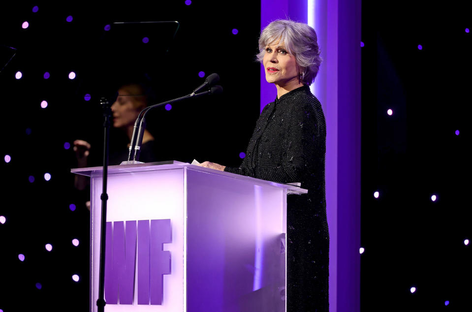 Jane Fonda speaks at the WIF Honors: Forging Forward Gala. (Emma McIntyre / Getty Images for WIF)