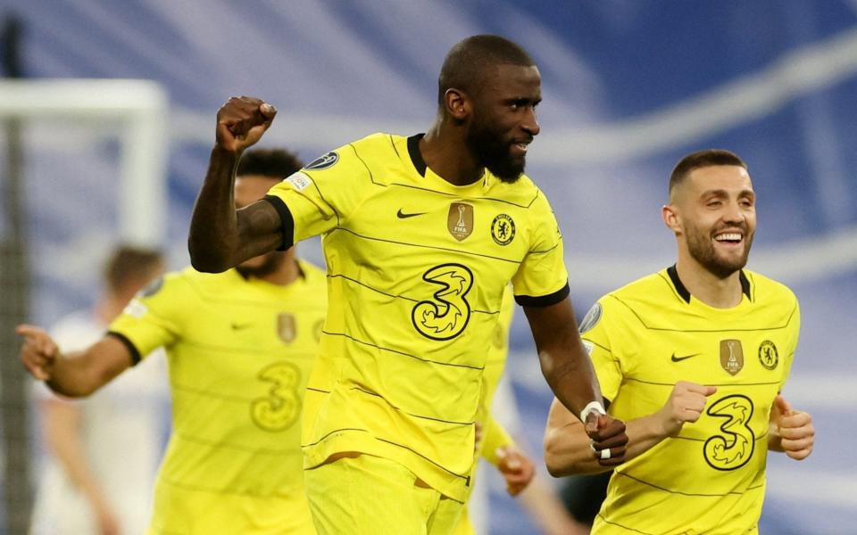 Soccer Football - Champions League - Quarter Final - Second Leg - Real Madrid v Chelsea - Santiago Bernabeu, Madrid, Spain - April 12, 2022 Chelsea's Antonio Rudiger celebrates scoring their second goal - Action Images via Reuters 