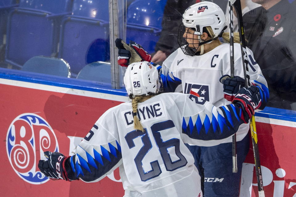 U.S. forwards Kendall Coyne Schofield, left, and Brianna Decker celebrate a goal against Canada during the second period of the Four Nations Cup hockey gold-medal game in Saskatoon, Saskatchewan, Saturday, Nov. 10, 2018. (Liam Richards/The Canadian Press via AP)