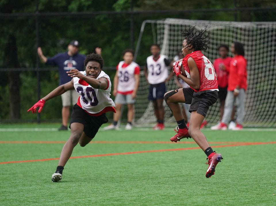 College football coaches from around the country observed players from Archbishop Stepinac at Saxon Woods Field in White Plains on Wednesday, May 15, 2024.