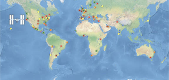 This map shows the locations for the International Space Apps Challenge, a two-day competition in nearly 100 cities on six continents. The 2014 International Space Apps Challenge mainstage will be in New York City.
