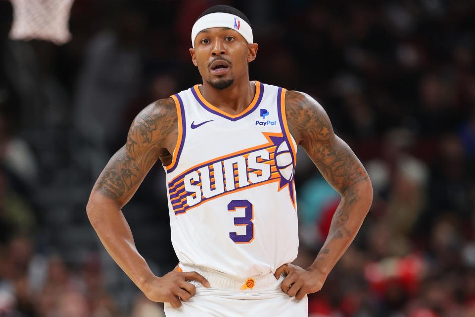 Bradley Beal #3 of the Phoenix Suns looks on against the Chicago Bulls during the first half at the United Center on Nov. 8, 2023, in Chicago.