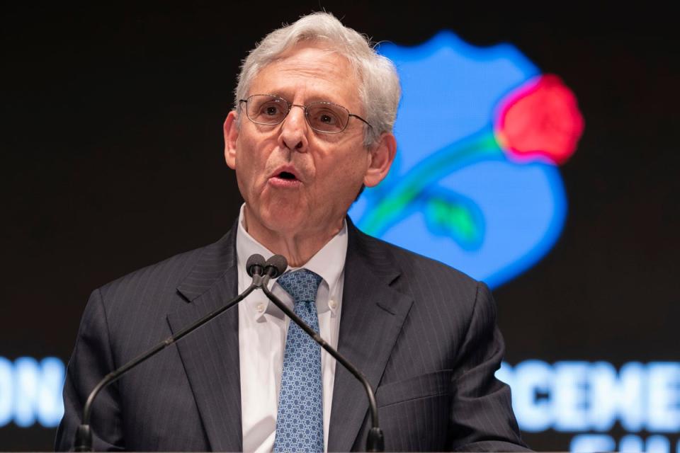 Attorney General Merrick Garland speaks during the 36th Annual Candlelight Vigil to honor the law enforcement officers who lost their lives in 2023, in Washington, on May 13, 2024 (AP)