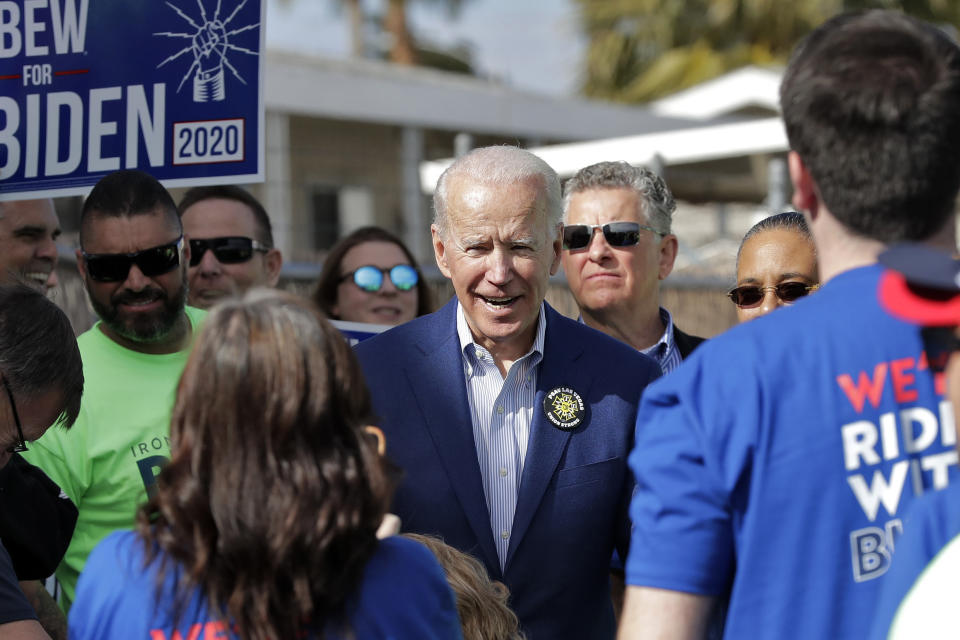 Democratic presidential candidate, former Vice President Joe Biden arrives to speak to the International Alliance of Theatrical Stage Employees, Friday, Feb. 21, 2020, in Las Vegas. (AP Photo/Matt York)